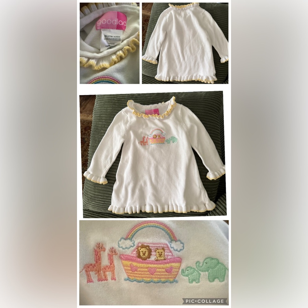 Good Lad Girls Cream and Yellow Noah’s Ark Animal Sweater Tunic Dress 18 mos
